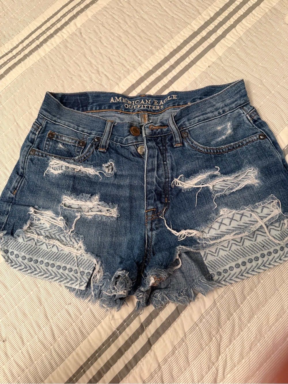 American Eagle Outfitters Blue Distressed Jean Shorts with Patterned Trim